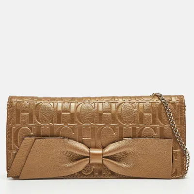 Pre-owned Ch Carolina Herrera Gold Monogram Embossed Leather Audrey Chain Clutch