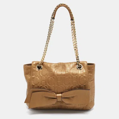 Pre-owned Ch Carolina Herrera Gold Monogram Leather Audrey Shoulder Bag