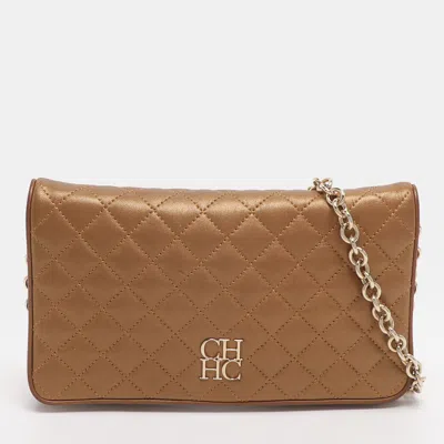 Pre-owned Ch Carolina Herrera Gold Quilted Leather Flap Shoulder Bag