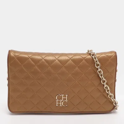 Ch Carolina Herrera Gold Quilted Leather Flap Shoulder Bag In Brown