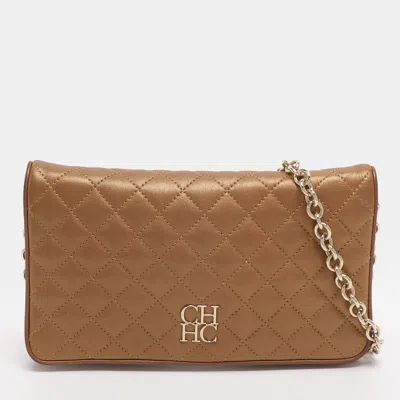 Ch Carolina Herrera Gold Quilted Leather Flap Shoulder Bag In Brown
