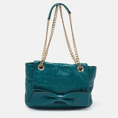 Pre-owned Ch Carolina Herrera Green Monogram Embossed Leather Bow Shoulder Bag