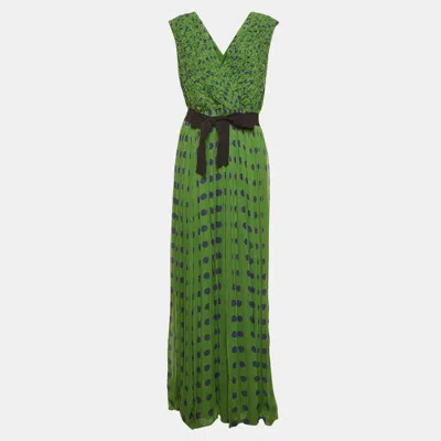 Pre-owned Ch Carolina Herrera Green Polka Dot Print Chiffon Plissé Maxi Dress L