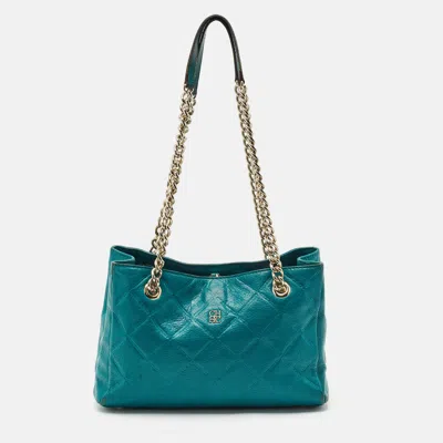 Pre-owned Ch Carolina Herrera Green Quilted Embossed Leather Chain Tote