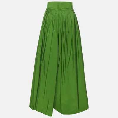 Pre-owned Ch Carolina Herrera Green Satin Pleated Belted Maxi Skirt M