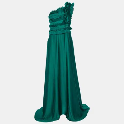 Ch Carolina Herrera Green Silk Ruffled One Shoulder Gown
