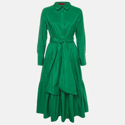 Pre-owned Ch Carolina Herrera Green Taffeta Belted Midi Shirt Dress M