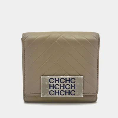 Ch Carolina Herrera Grey Quilted Leather Logo Trifold Wallet In Green