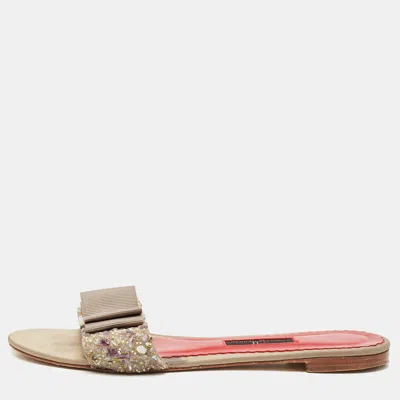 Pre-owned Ch Carolina Herrera Grey Satin Crystal Embellished Flat Slides Size 39 In Gray