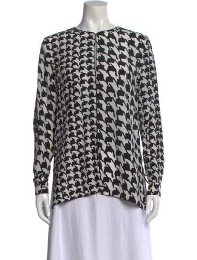 Pre-owned Ch Carolina Herrera Houndstooth Print Crew Neck Blouse In Black