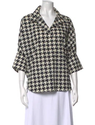 Pre-owned Ch Carolina Herrera Houndstooth Print Three-quarter Sleeve Blouse In Blue