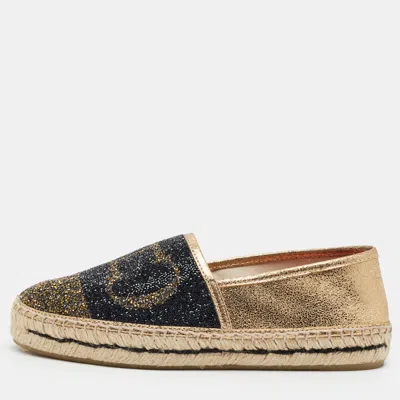 Pre-owned Ch Carolina Herrera Initials Insignia Size 38 Gold/black Leather Espadrille Flats