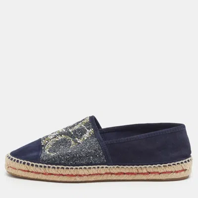 Pre-owned Ch Carolina Herrera Initials Insignia Size 38 Navy Blue Suede Crystal Embellished Espadrille Flats