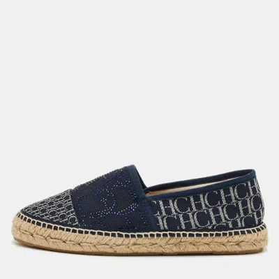 Pre-owned Ch Carolina Herrera Initials Insignia Size 39 Navy Blue/white Knit Fabric Crystal Embellished Espadrille Flats