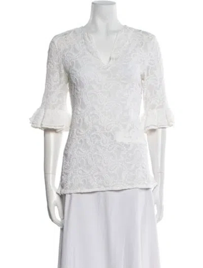 Pre-owned Ch Carolina Herrera Lace Pattern V-neck Tunic In White