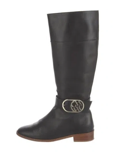 Pre-owned Ch Carolina Herrera Leather Animal Print Riding Boots In Black