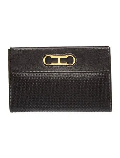 Pre-owned Ch Carolina Herrera Leather Clutch In Black