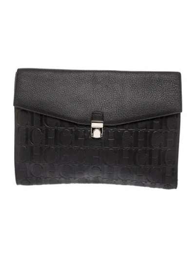 Pre-owned Ch Carolina Herrera Leather Clutch In Grey