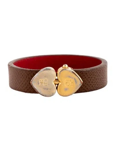 Pre-owned Ch Carolina Herrera Leather Hearts Bracelet, 6.25" In Brown