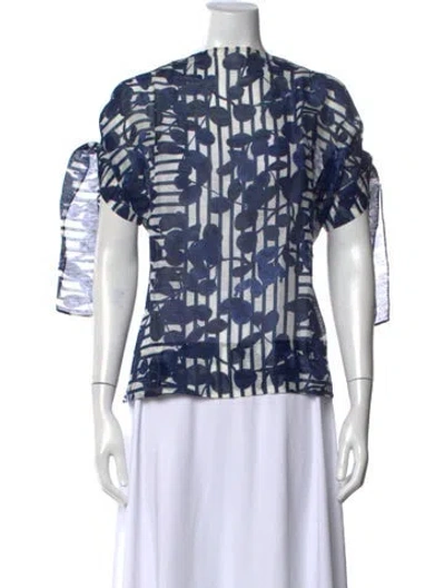 Pre-owned Ch Carolina Herrera Linen Floral Print Blouse In Blue