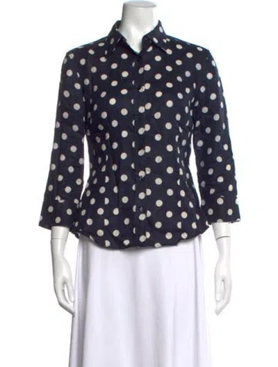 Pre-owned Ch Carolina Herrera Linen Polka Dot Print Blouse In Blue