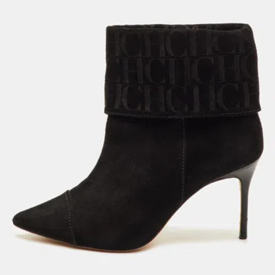 Pre-owned Ch Carolina Herrera Logo Embossed Size 37 Black Suede Pointed Toe Ankle Length Boots
