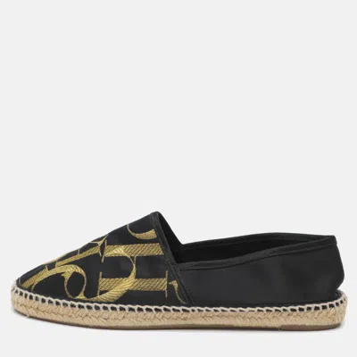 Pre-owned Ch Carolina Herrera Logo Embroidered Size 38 Black Satin Espadrille Flats