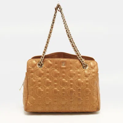 Pre-owned Ch Carolina Herrera Logo Metallic Gold Leather Chain Tote