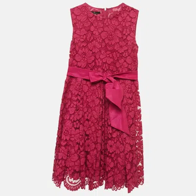 Pre-owned Ch Carolina Herrera Magenta Floral Lace Belted Dress 10 Years In Pink
