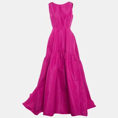 Pre-owned Ch Carolina Herrera Magenta Taffeta Bow Tie Detail Asymmetric Hem Gown L In Pink