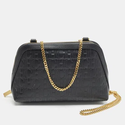 Pre-owned Ch Carolina Herrera Matryoshka Black Monogram Embossed Leather Crossbody Wallet