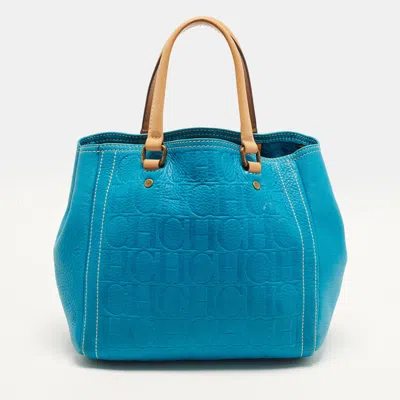 Pre-owned Ch Carolina Herrera Matryoshka Blue/beige Monogram Embossed Leather Tote