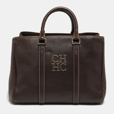 Pre-owned Ch Carolina Herrera Matteo Medium Dark Brown Leather Tote