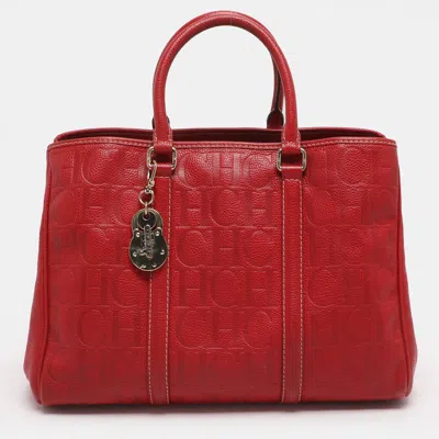 Ch Carolina Herrera Matteo Red Monogram Embossed Leather Tote