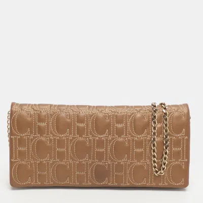 Pre-owned Ch Carolina Herrera Metallic Brown Monogram Leather Chain Clutch In Silver