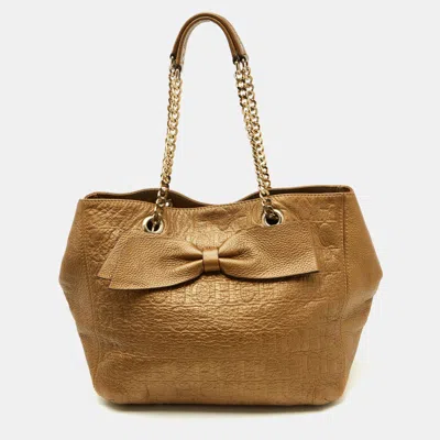 Pre-owned Ch Carolina Herrera Metallic Gold Monogram Leather Audrey Tote