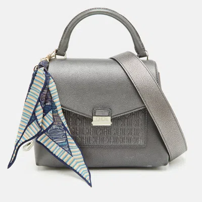 Pre-owned Ch Carolina Herrera Metallic Grey Leather Flap Top Handle Bag In Gray