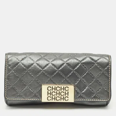 Pre-owned Ch Carolina Herrera Metallic Grey Quilted Embossed Leather Flap Clutch
