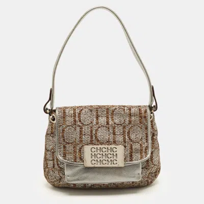 Pre-owned Ch Carolina Herrera Metallic Grey/browm Monogram Woven Fabric Baguette Bag