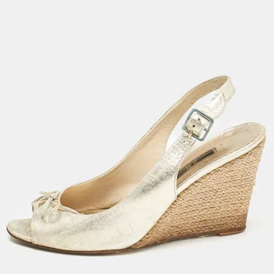 Ch Carolina Herrera Metallic Leather Bow Peep Toe Espadrille Wedge Sandals In Brown