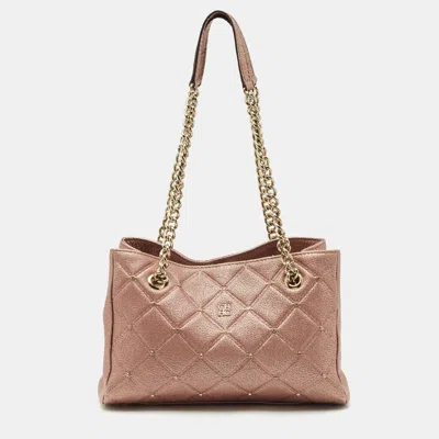 Pre-owned Ch Carolina Herrera Metallic Pink Leather Crystal Chain Tote In Silver