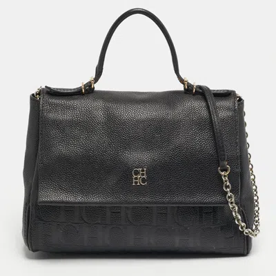 Ch Carolina Herrera Minuetto Flap Black Monogram Embossed Leather Top Handle Bag