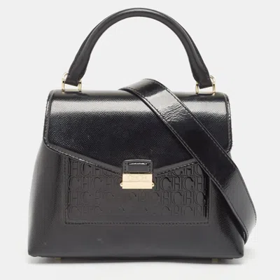 Ch Carolina Herrera Monogram Embossed Patent Leather Push Lock Flap Top Handle Bag In Black
