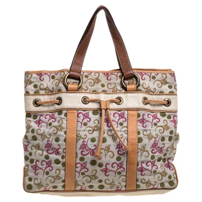 Ch Carolina Herrera Multicolor Embroidered Fabric And Leather Trim Tote In Brown
