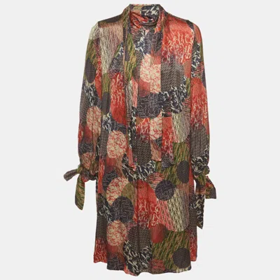 Pre-owned Ch Carolina Herrera Multicolor Logo Print Satin Midi Dress Xs