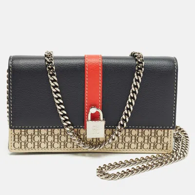 Ch Carolina Herrera Multicolor Monogram Coated Canvas And Leather Wallet On Chain In Black