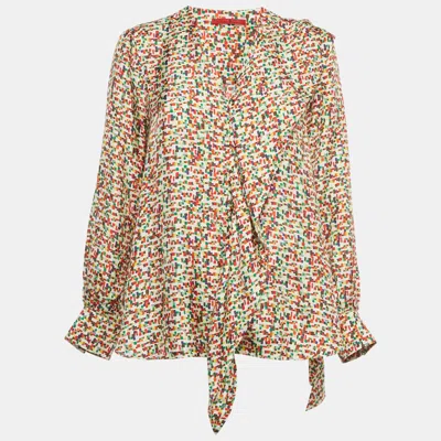 Ch Carolina Herrera Multicolor Printed Silk Frill Detail Blouse In Brown