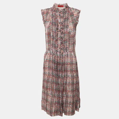Ch Carolina Herrera Multicolor Printed Silk Pleated Midi Dress In Brown