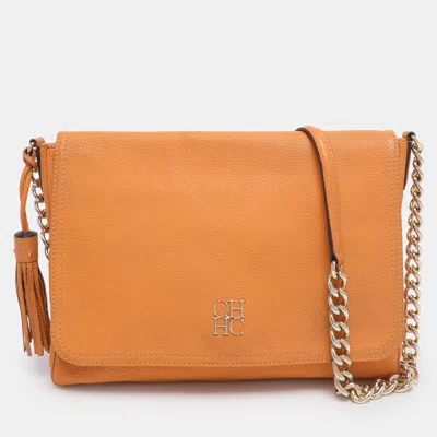 Ch Carolina Herrera Mustard Leather Tassel Flap Chain Shoulder Bag In Orange