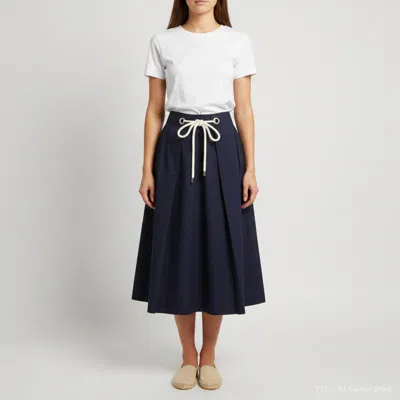 Pre-owned Ch Carolina Herrera Navy Blue Cotton Rope Tie Midi Skirt L